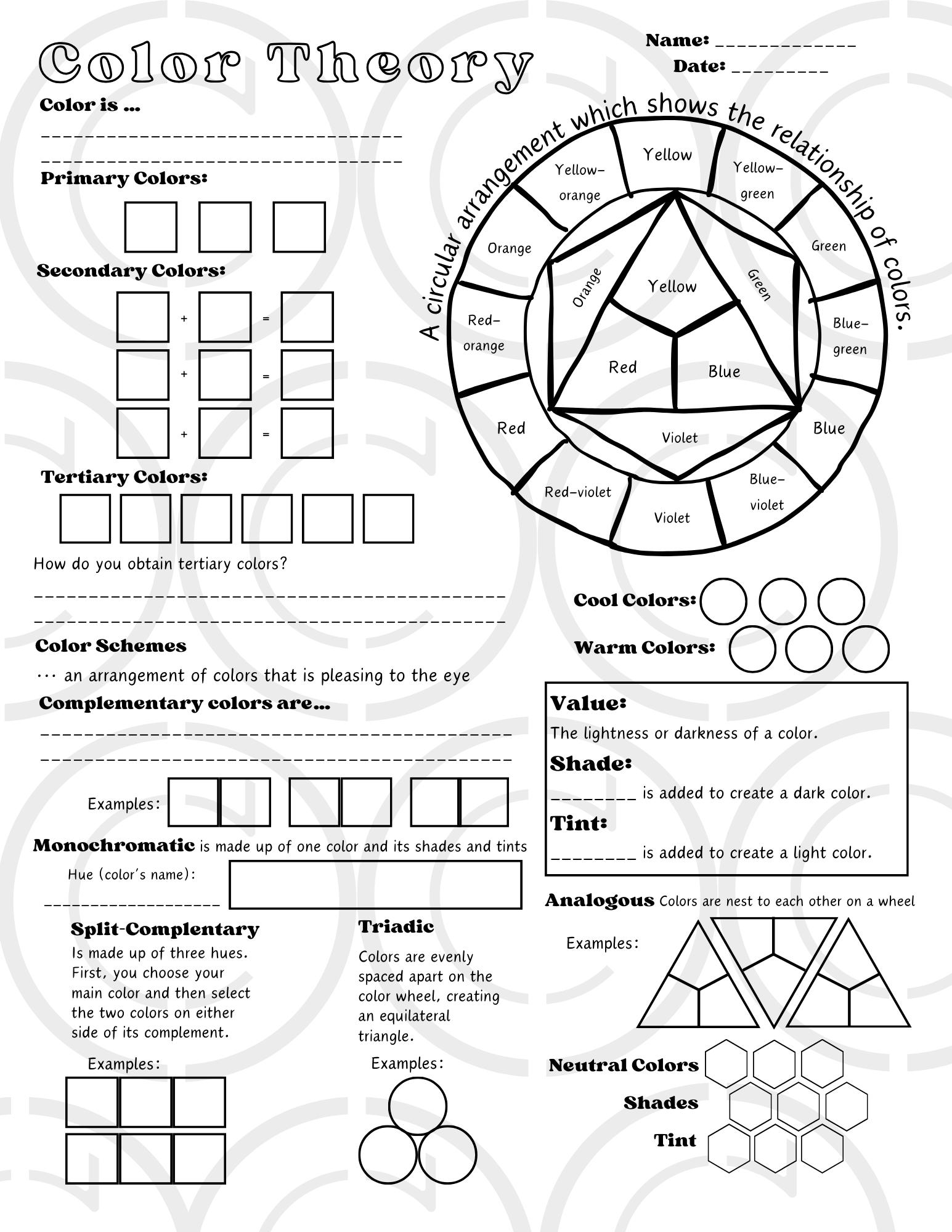 Color Theory Worksheet Blank Color Wheel Digital Coloring Page PDF Downloadable File Etsy