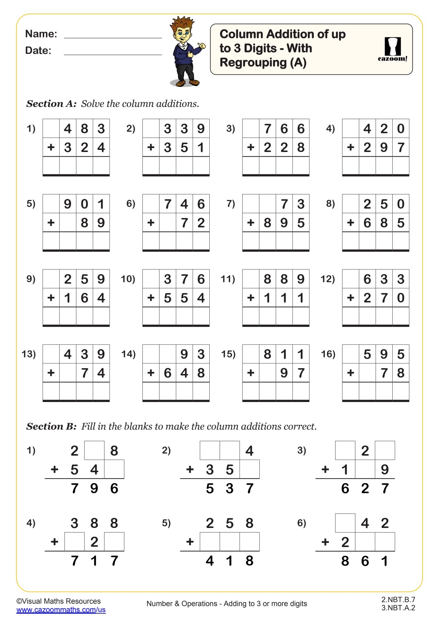 Column Addition Of Up To 3 Digits With Regrouping A Worksheet Fun And Engaging 2nd Grade And 3rd Grade Number Operations Worksheet Cazoom Math