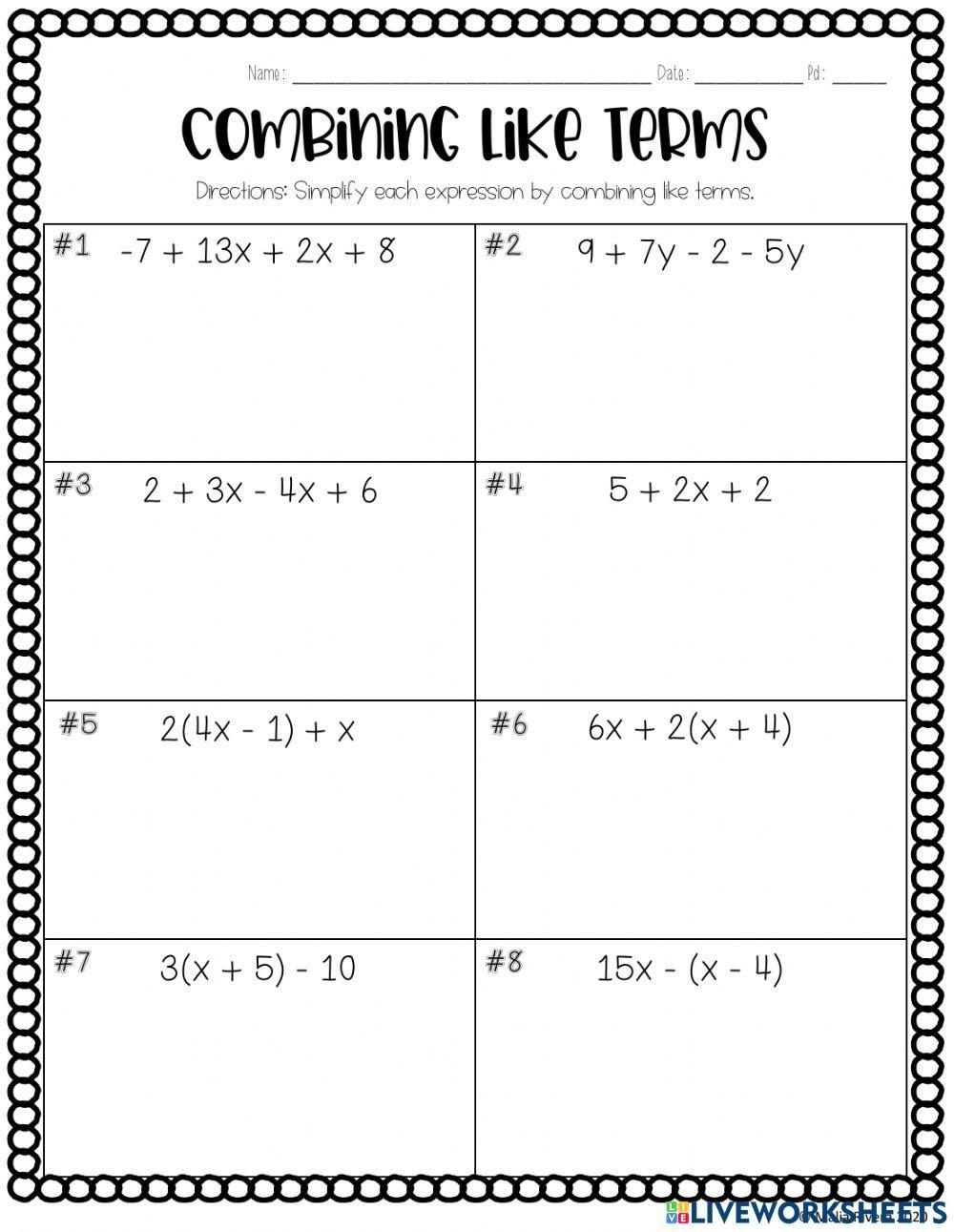 Combining Like Terms Activity Worksheets Library