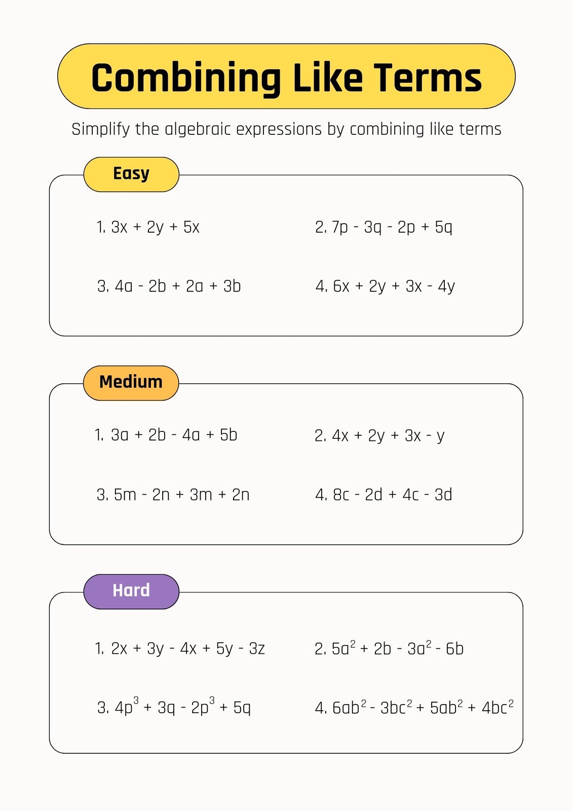Combining Like Terms Printable Worksheet Practice Algebraic Skills