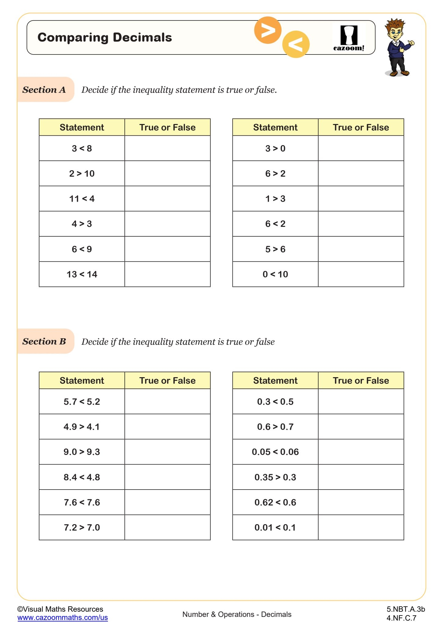 Comparing Decimals Worksheet 5th Grade PDF Worksheets Cazoom Math