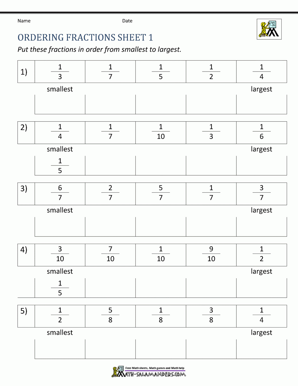 Comparing Fractions Worksheet