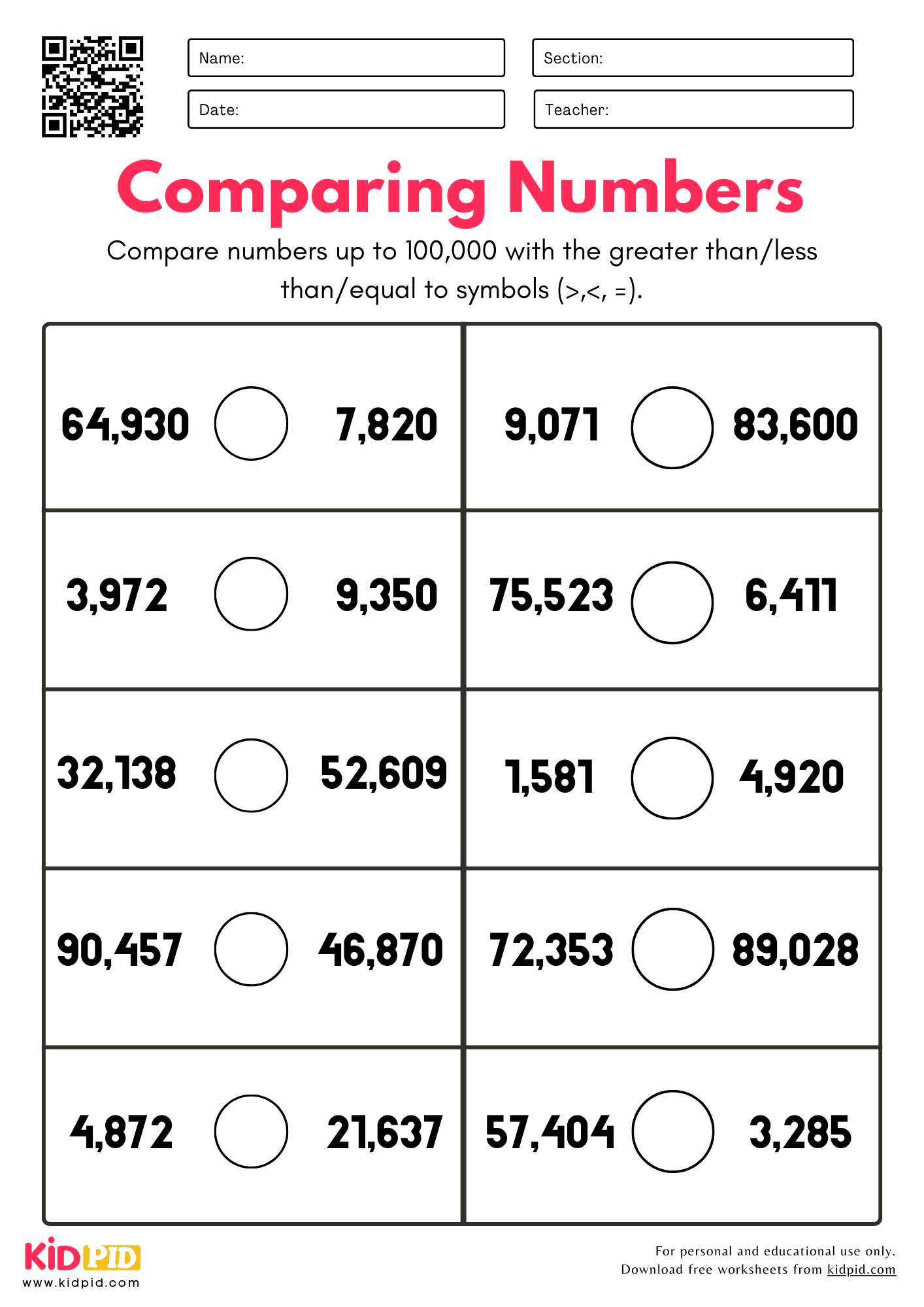 Comparing Numbers Worksheet For Grade 3 Kidpid Comparing Numbers Worksheet For Grade 3 Kidpid