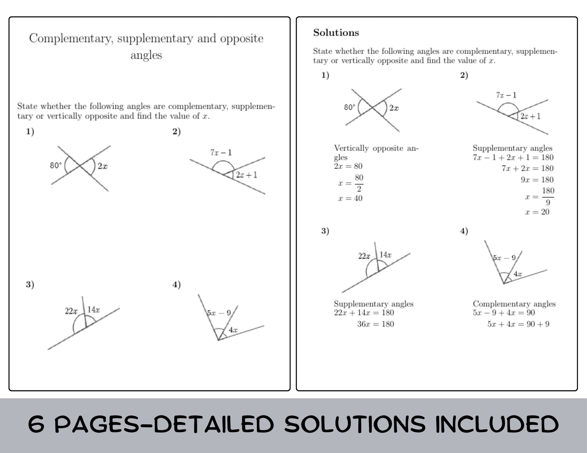 Complementary Supplementary And Opposite Angles Worksheet with Solutions Teaching Resources