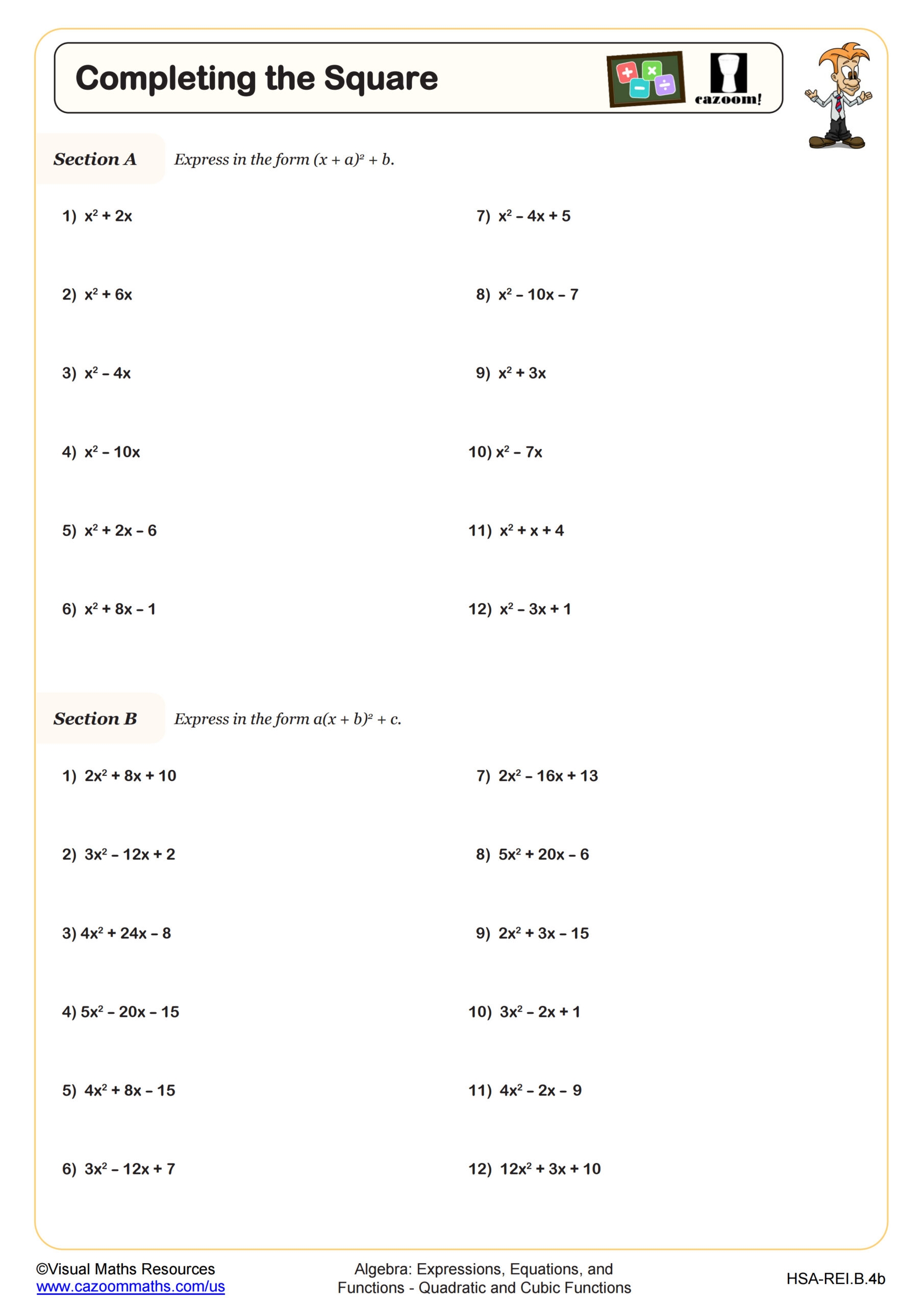 Completing The Square Worksheet Fun And Engaging Algebra I PDF Worksheets Cazoom Math
