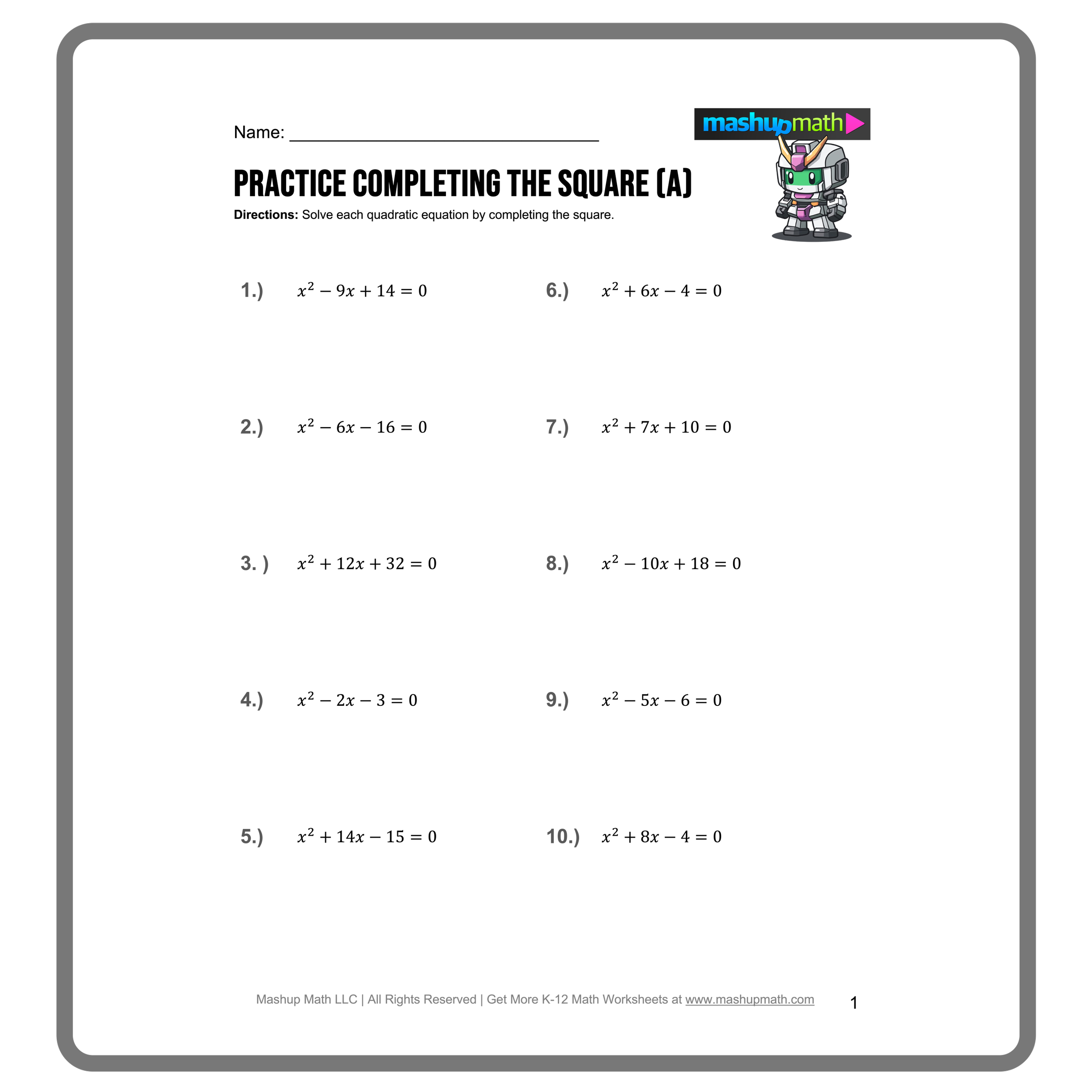 Completing The Square Worksheets Printable With Answers Mashup Math