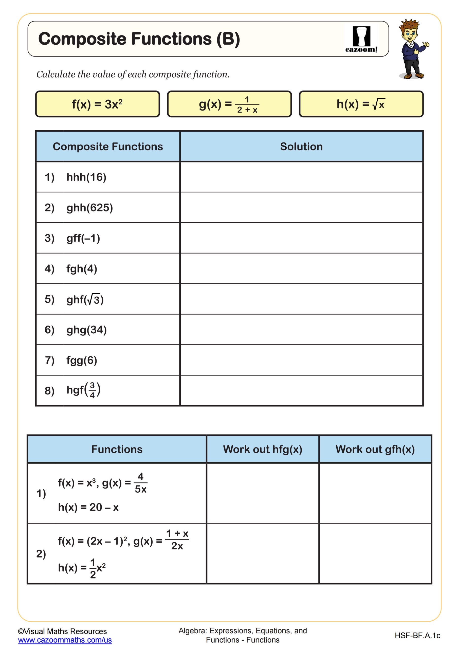 Composite Functions B Worksheet Algebra II PDF Worksheets Cazoom Math