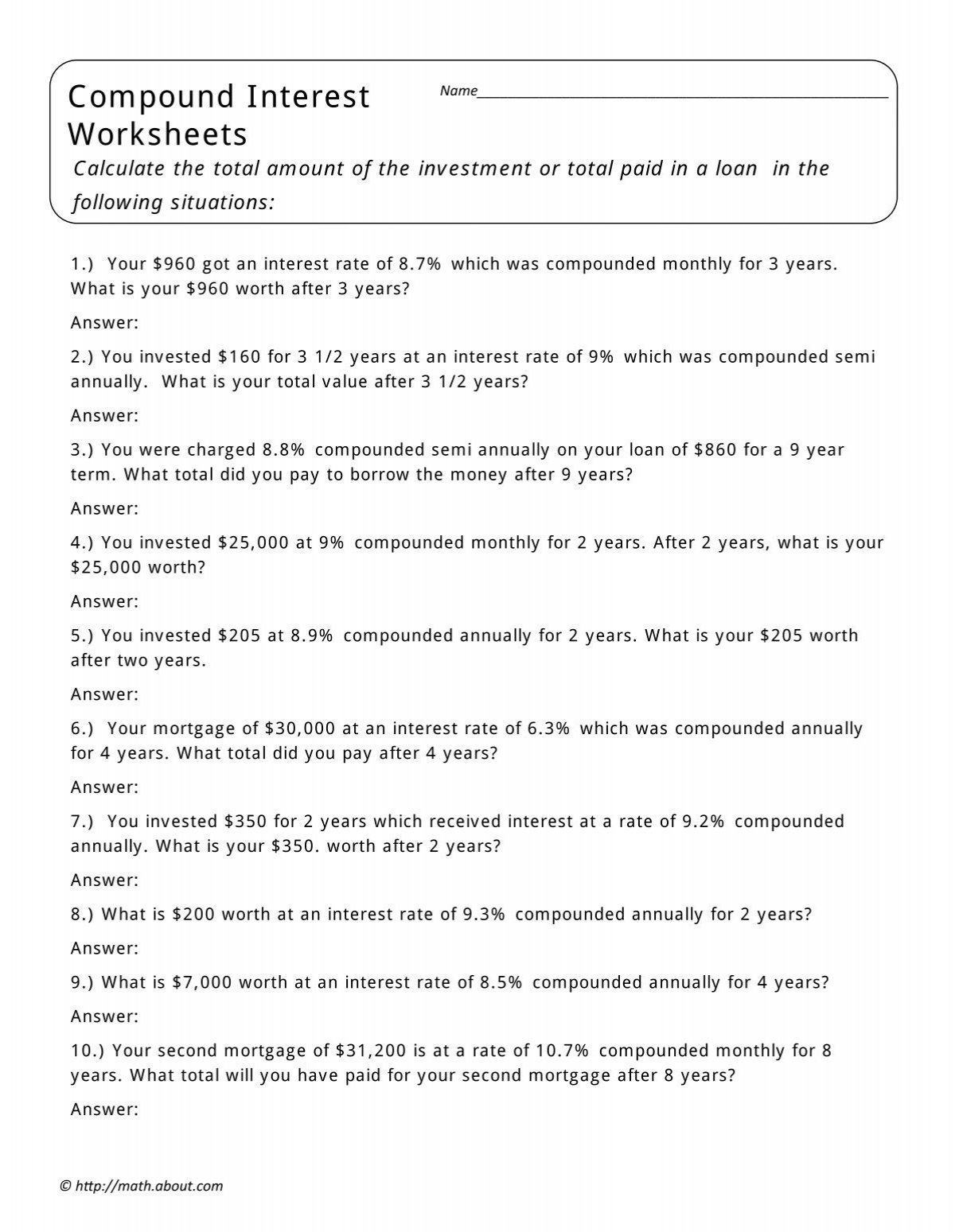 Compound Interest Worksheets About