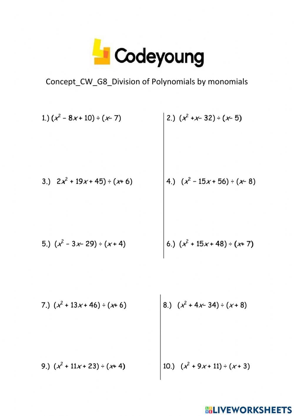 Concept CW G8 Division Of Polynomials By Monomials Worksheet Worksheets Library