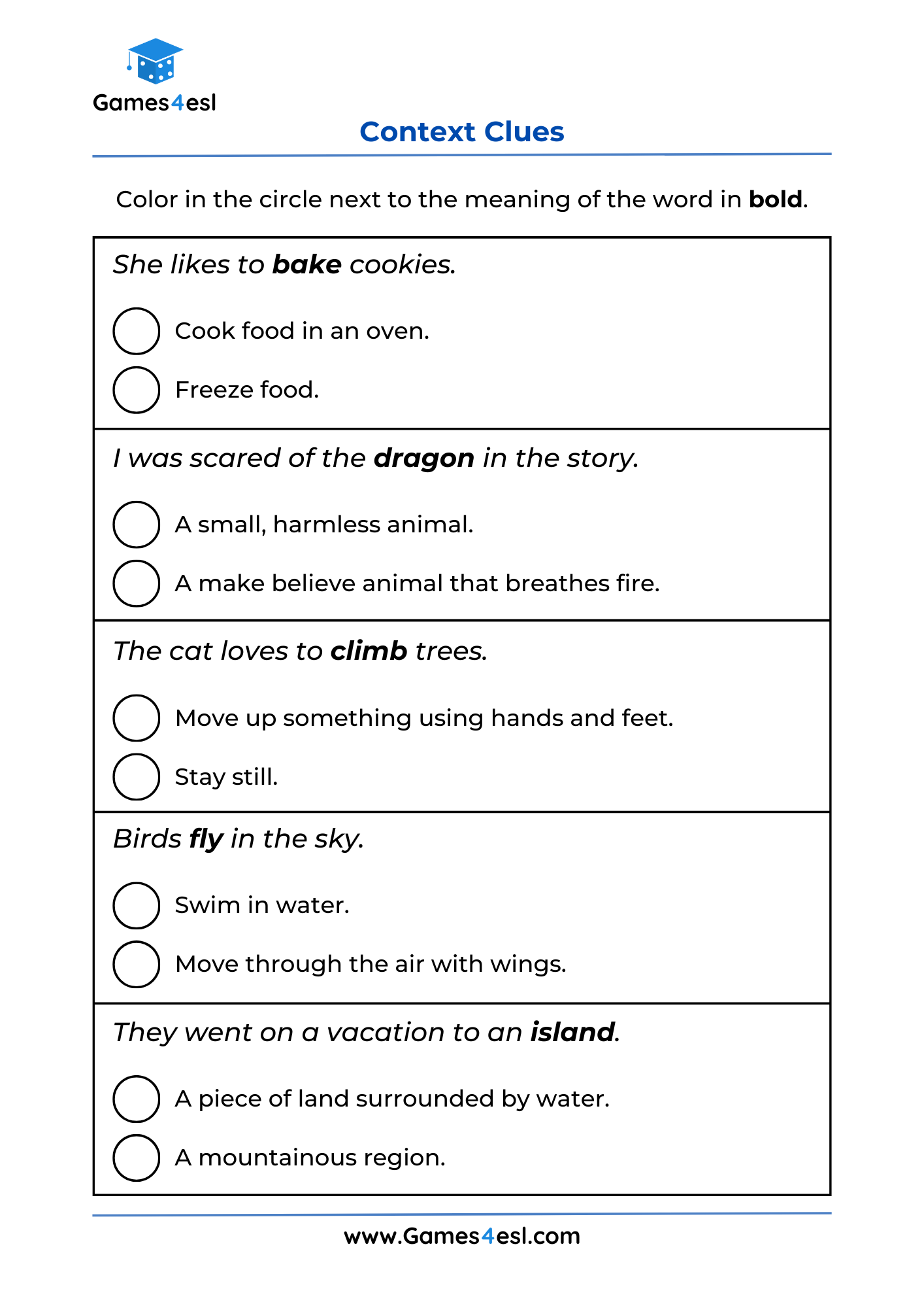 Context Clues Worksheets Games4esl