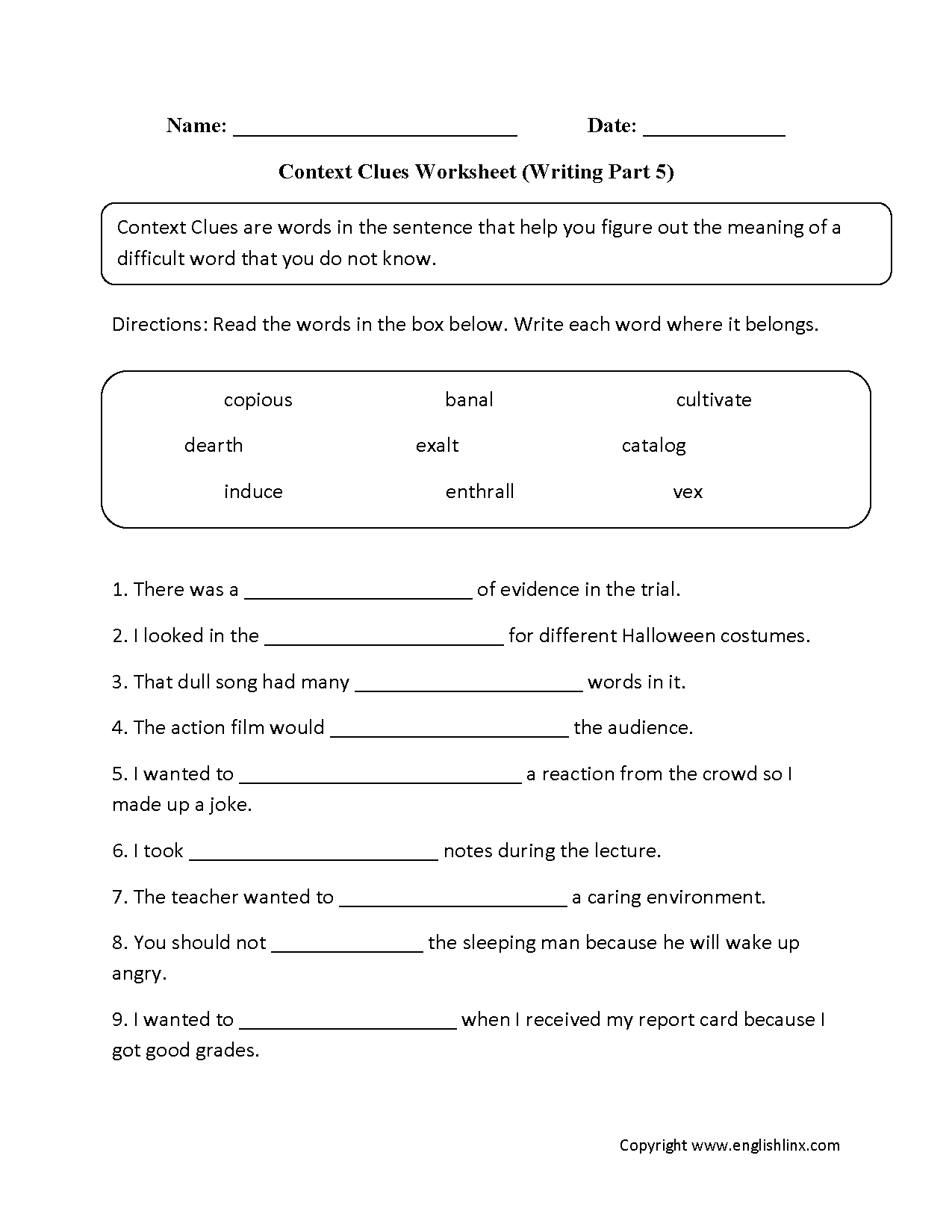 Context Clues Worksheets High School Context Clues Worksheet