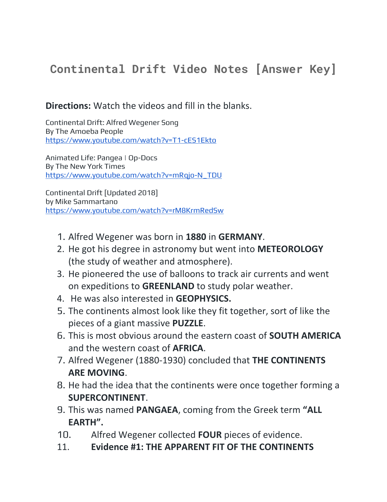 Continental Drift Worksheet Wegener s Theory