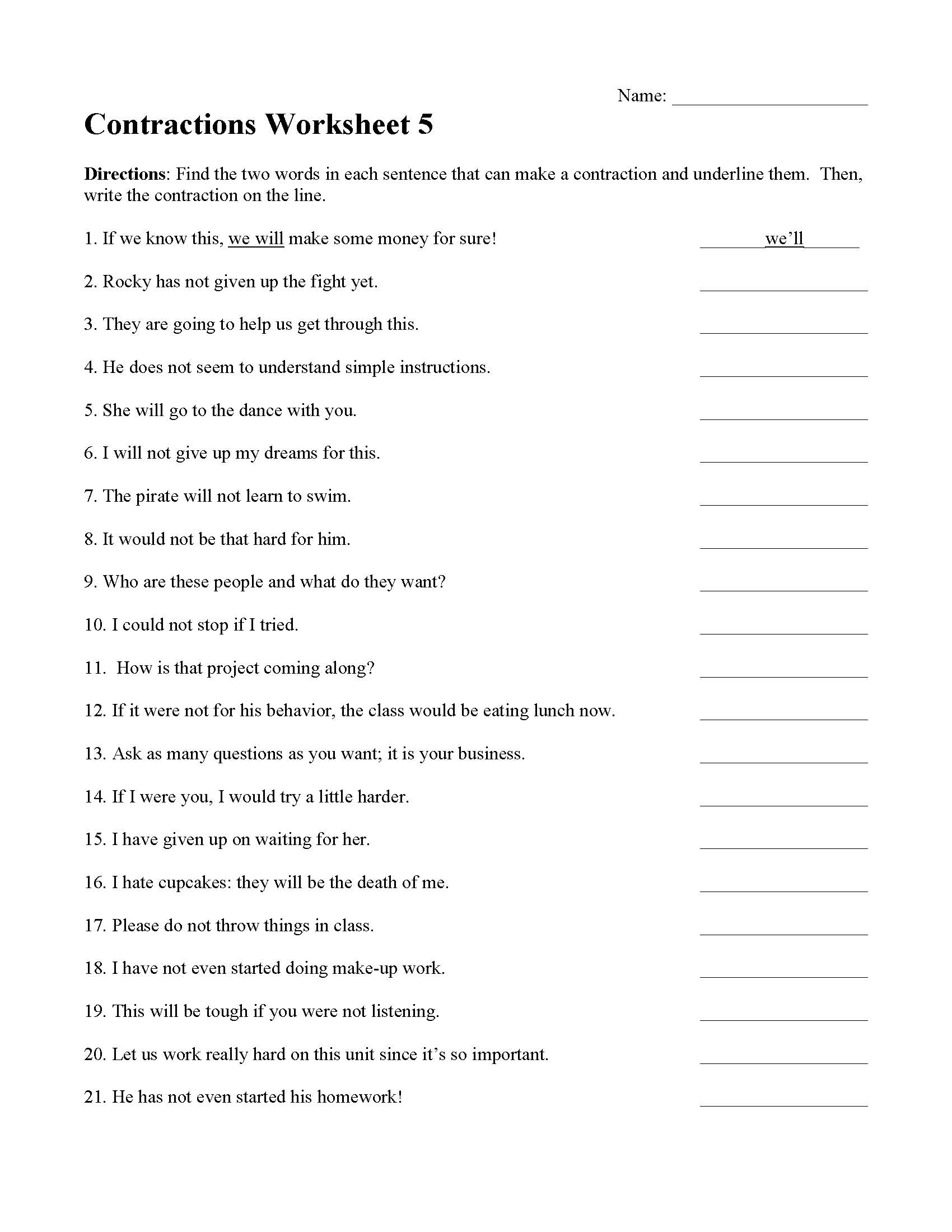 Contractions Worksheet 5 Grammar Activity