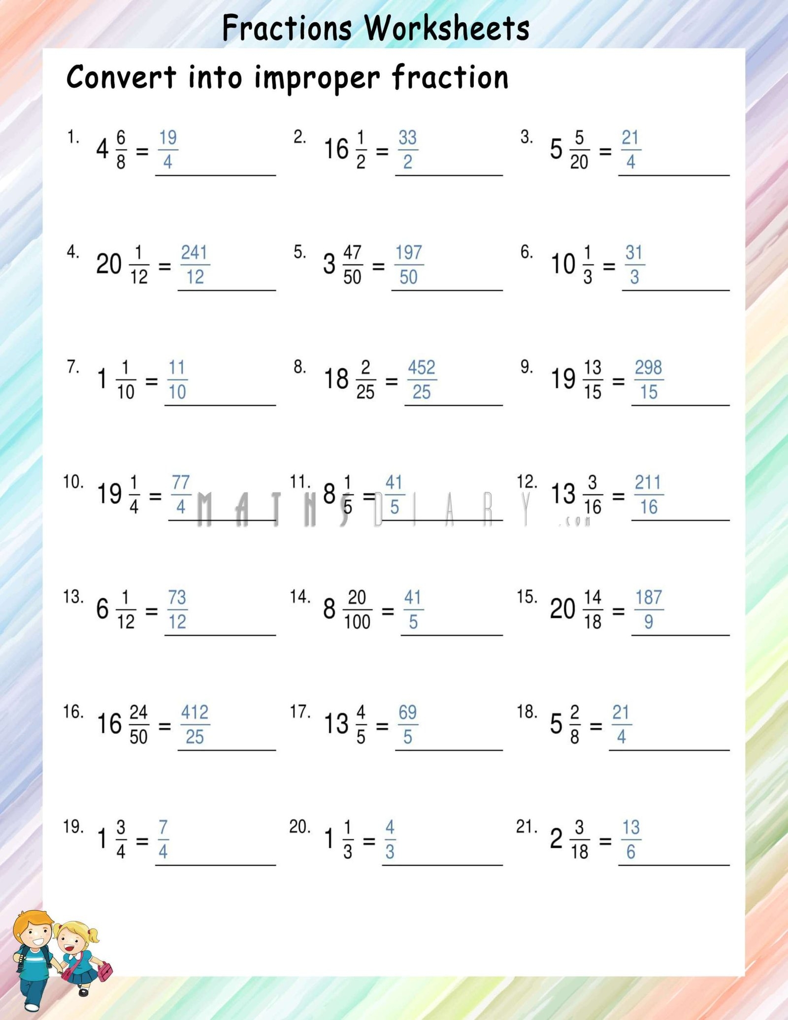 improper fraction to mixed number worksheet