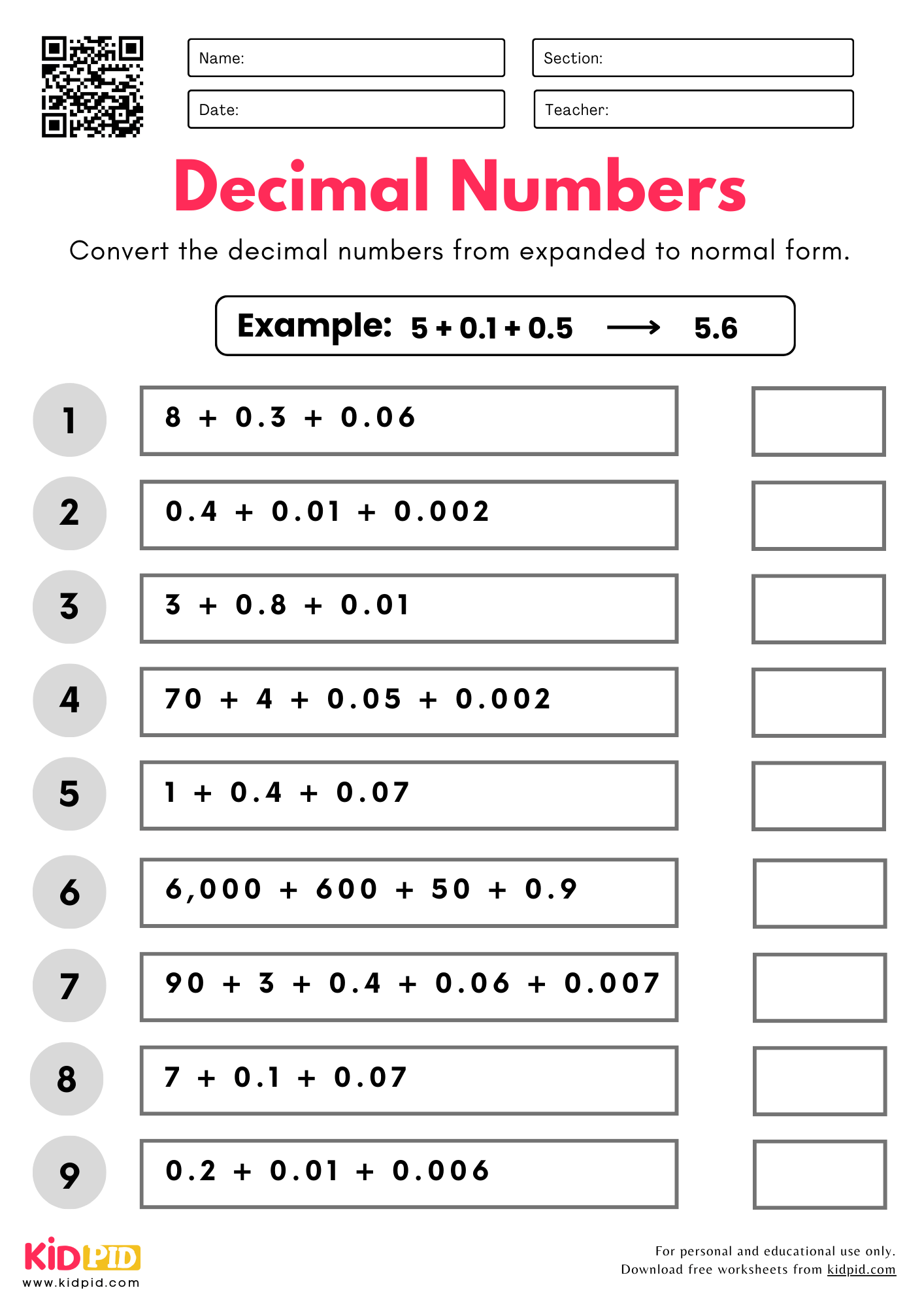 Convert Decimal Numbers Expanded To Normal Form Place Value Worksheet For Grade 5 Kidpid