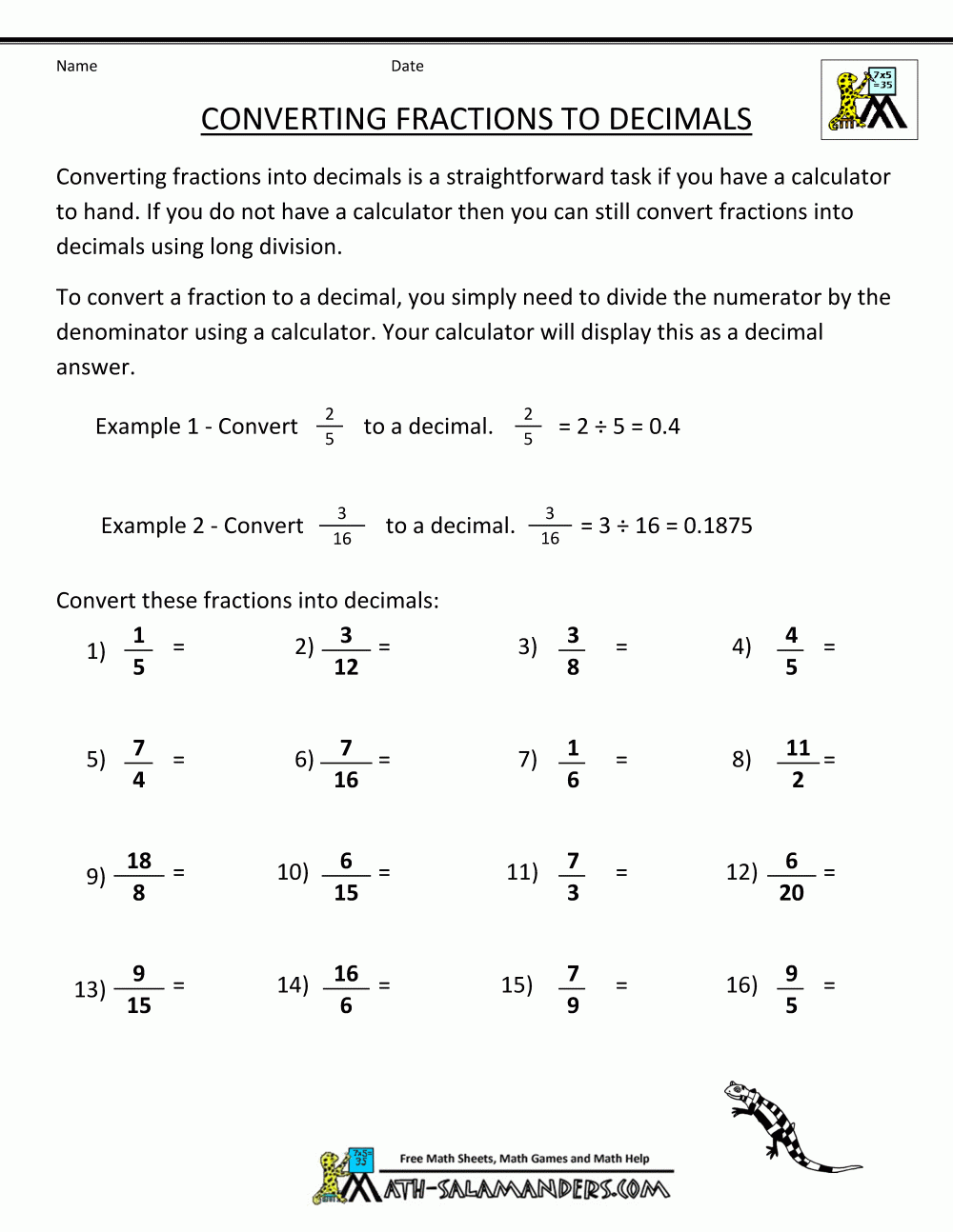 Convert Fractions To Decimals Worksheet