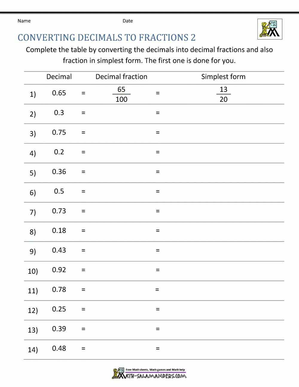 fractions into decimals worksheet