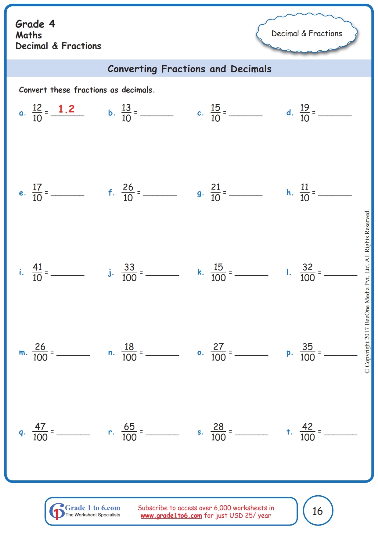 convert fractions to decimals worksheet