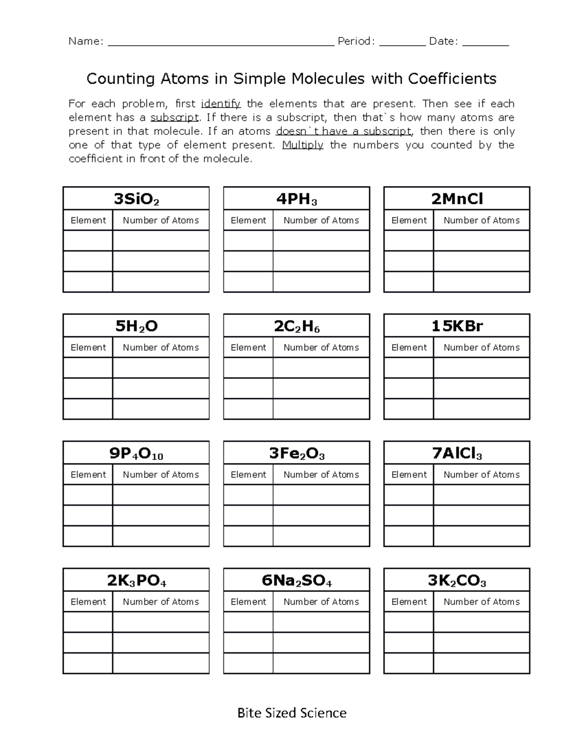 Counting Atoms In Simple Molecules With Coefficients Worksheet Answers Studocu