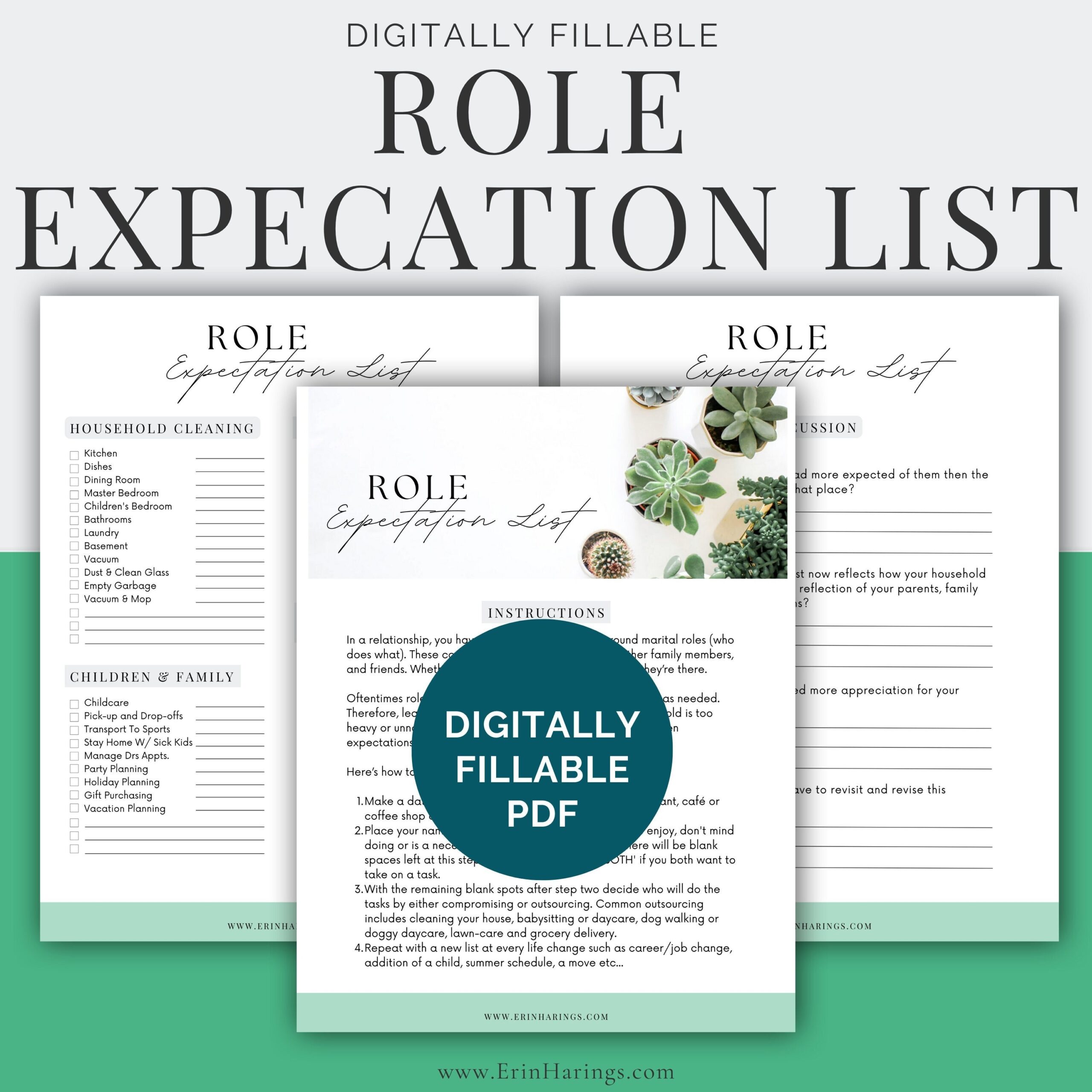 Couples Therapy Worksheets Role Expectation List digital Download Etsy