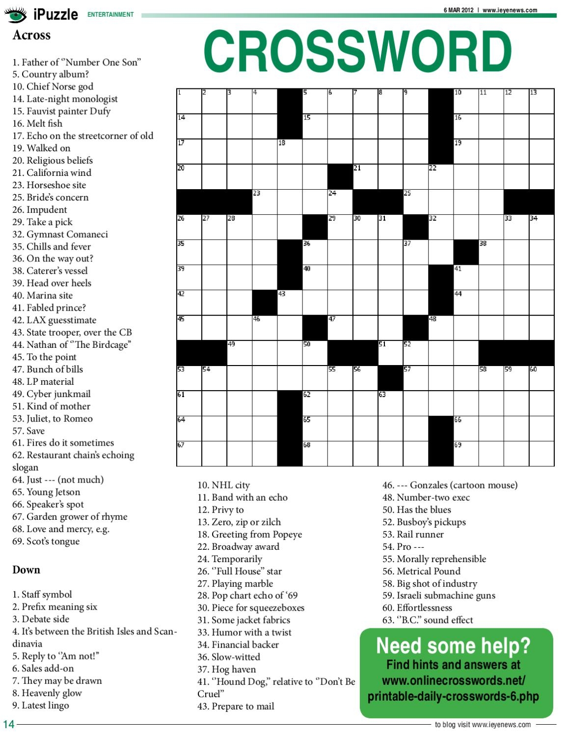 Crossword Church Calendar Printable
