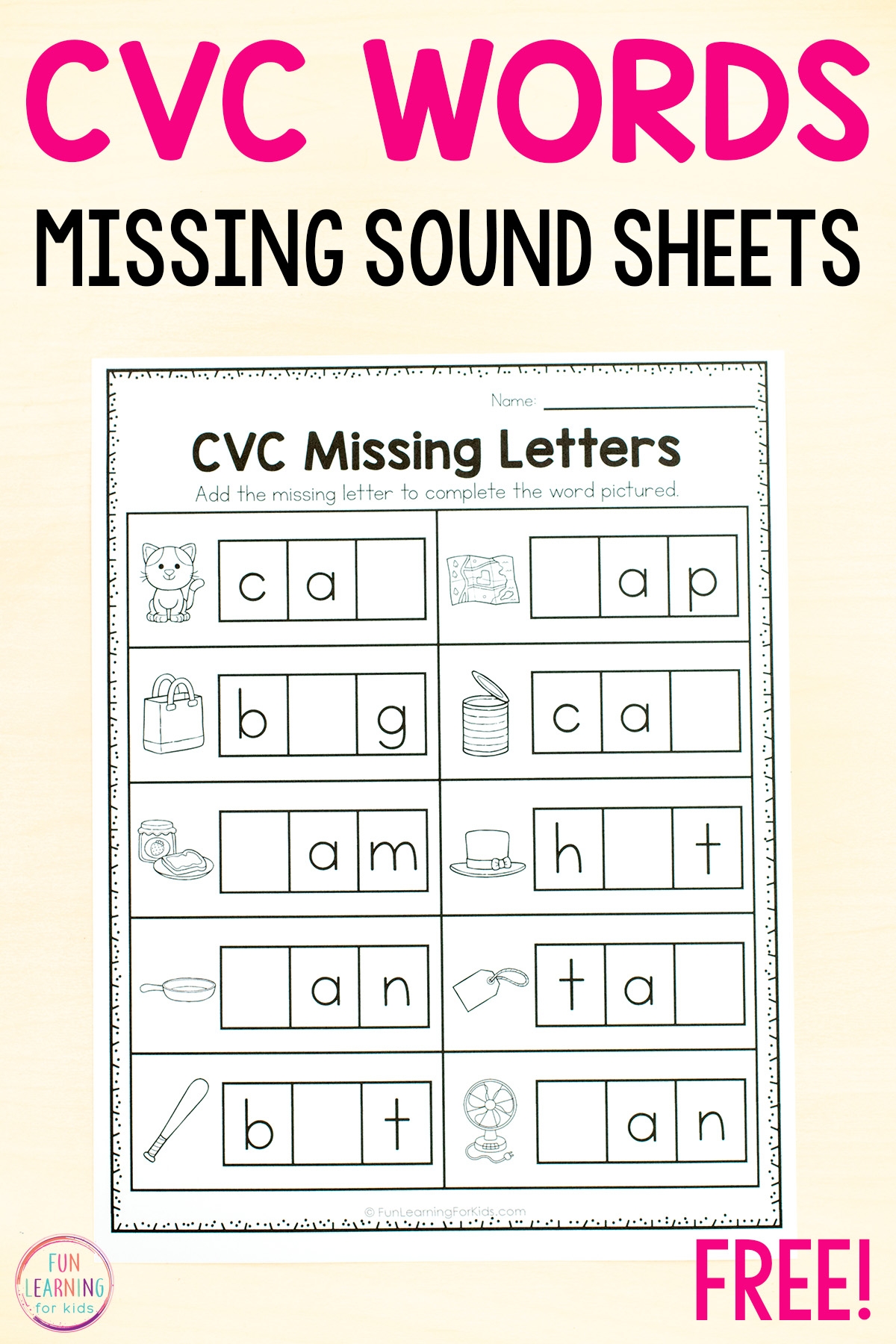 CVC Missing Letter Worksheets For Phonics Practice