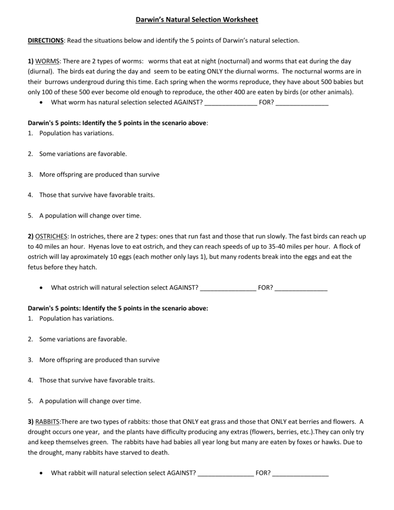 Darwin s Natural Selection Worksheet