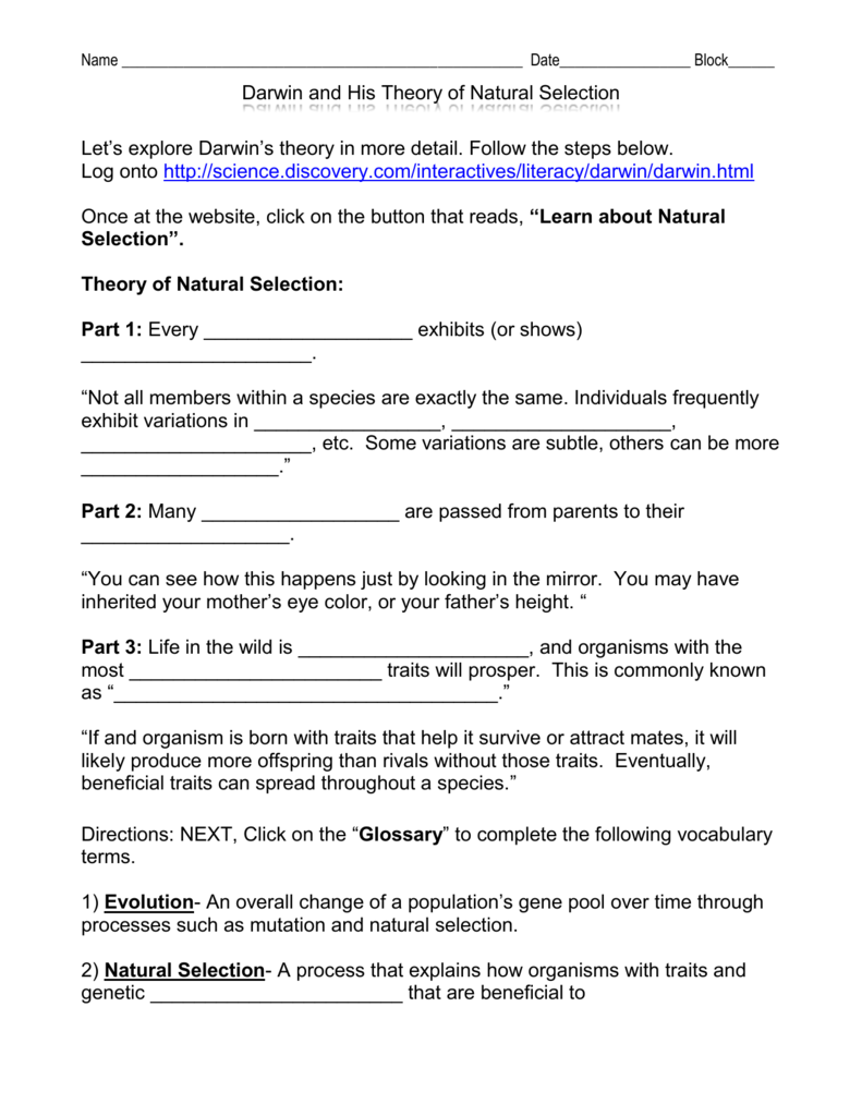 Darwin s Natural Selection Worksheet