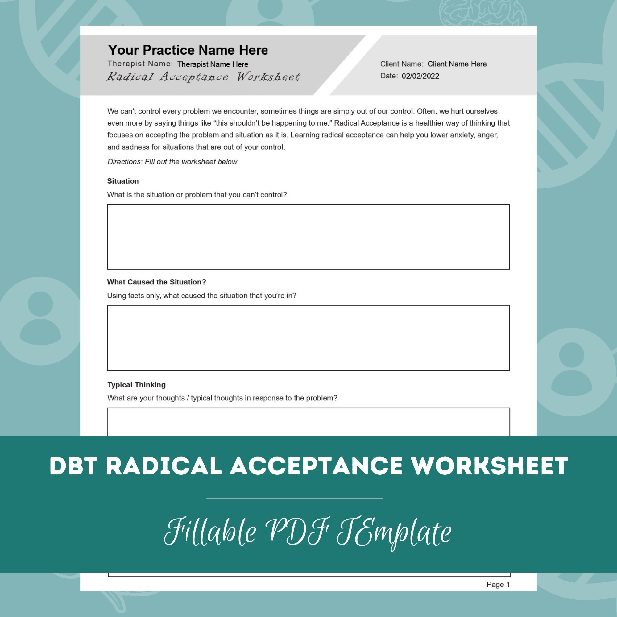 DBT Radical Acceptance Worksheet Editable Fillable PDF Template For Counselors Psychologists Social Workers Therapists Etsy Israel