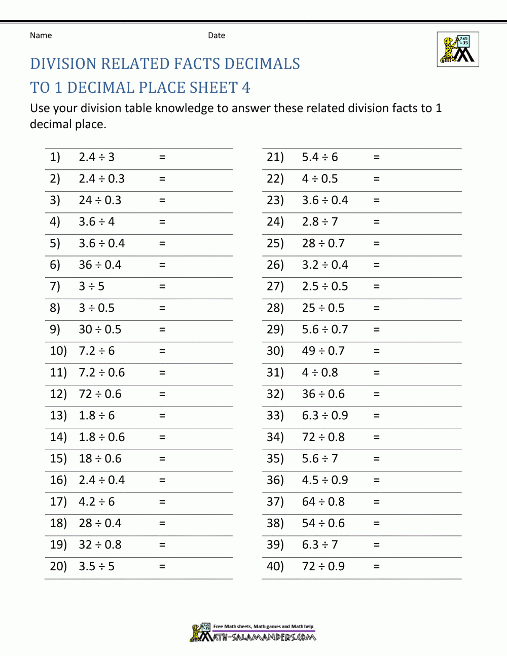 Decimal Division Worksheets