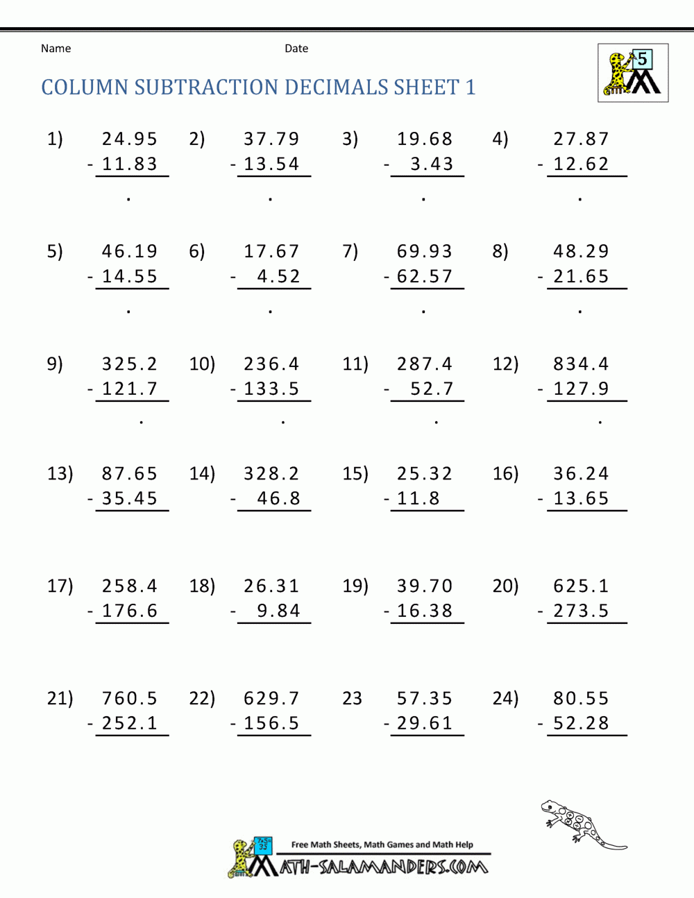 Decimal Subtraction Worksheets