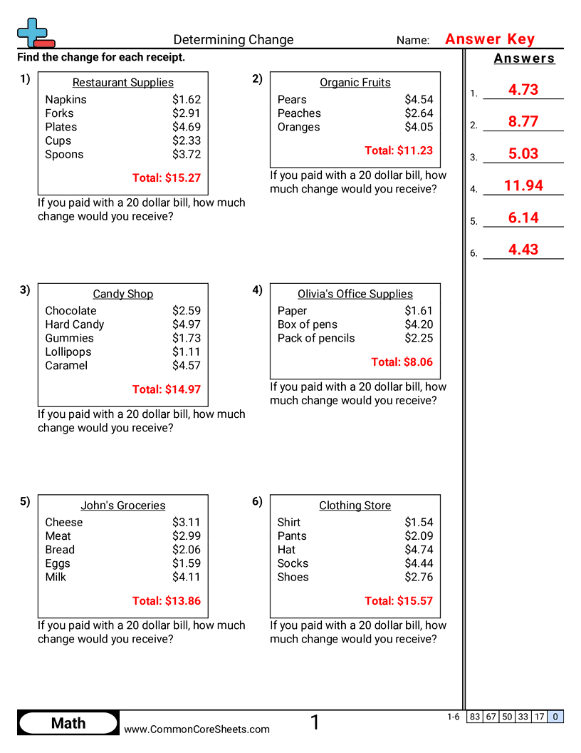 Determining Change Worksheets Determining Change Worksheets