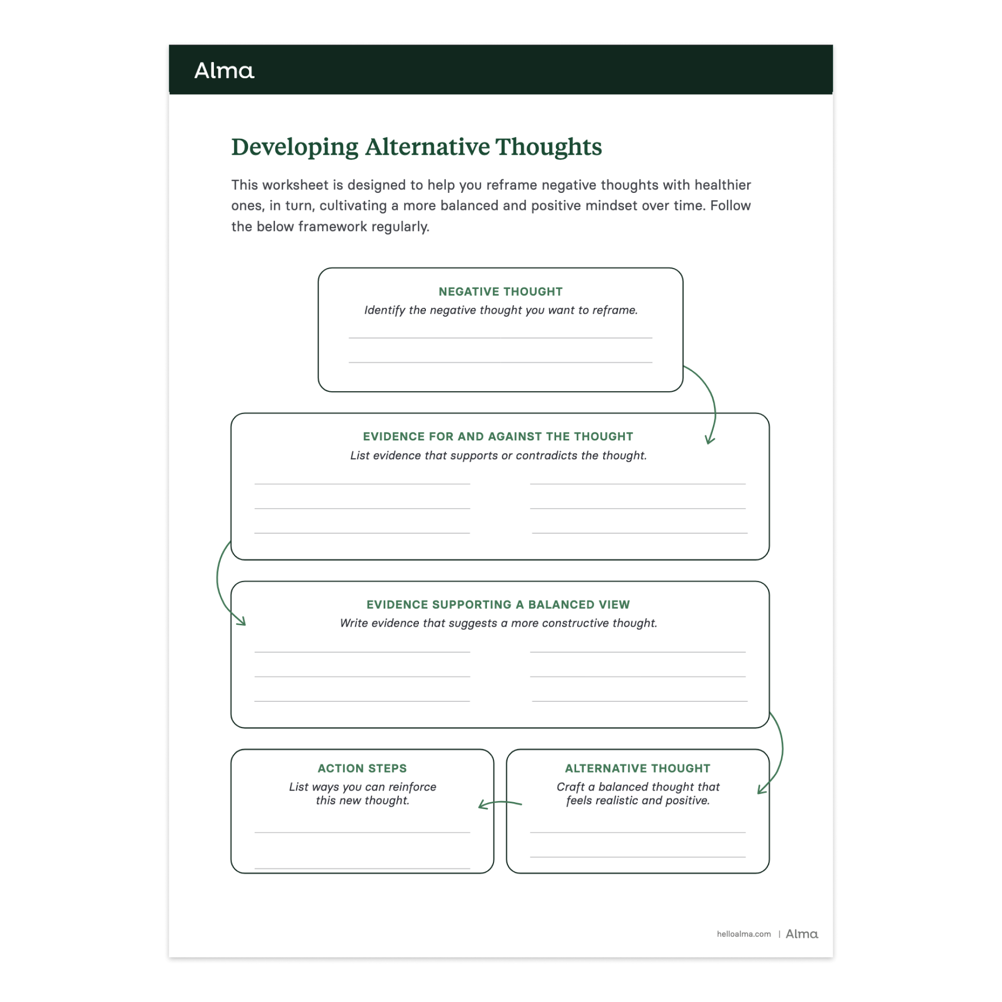 Developing Alternative Thoughts CBT Worksheet Alma