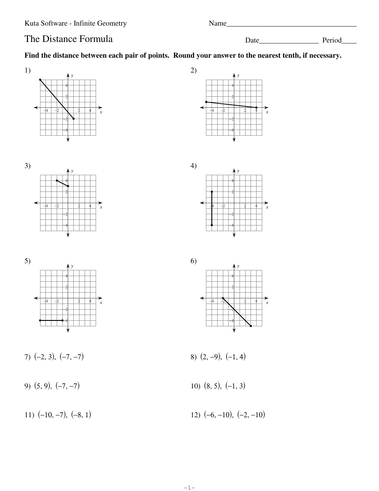 Distance Formula Worksheet Geometry Practice