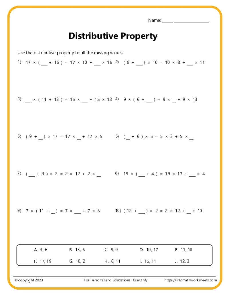 Distributive Property Worksheets