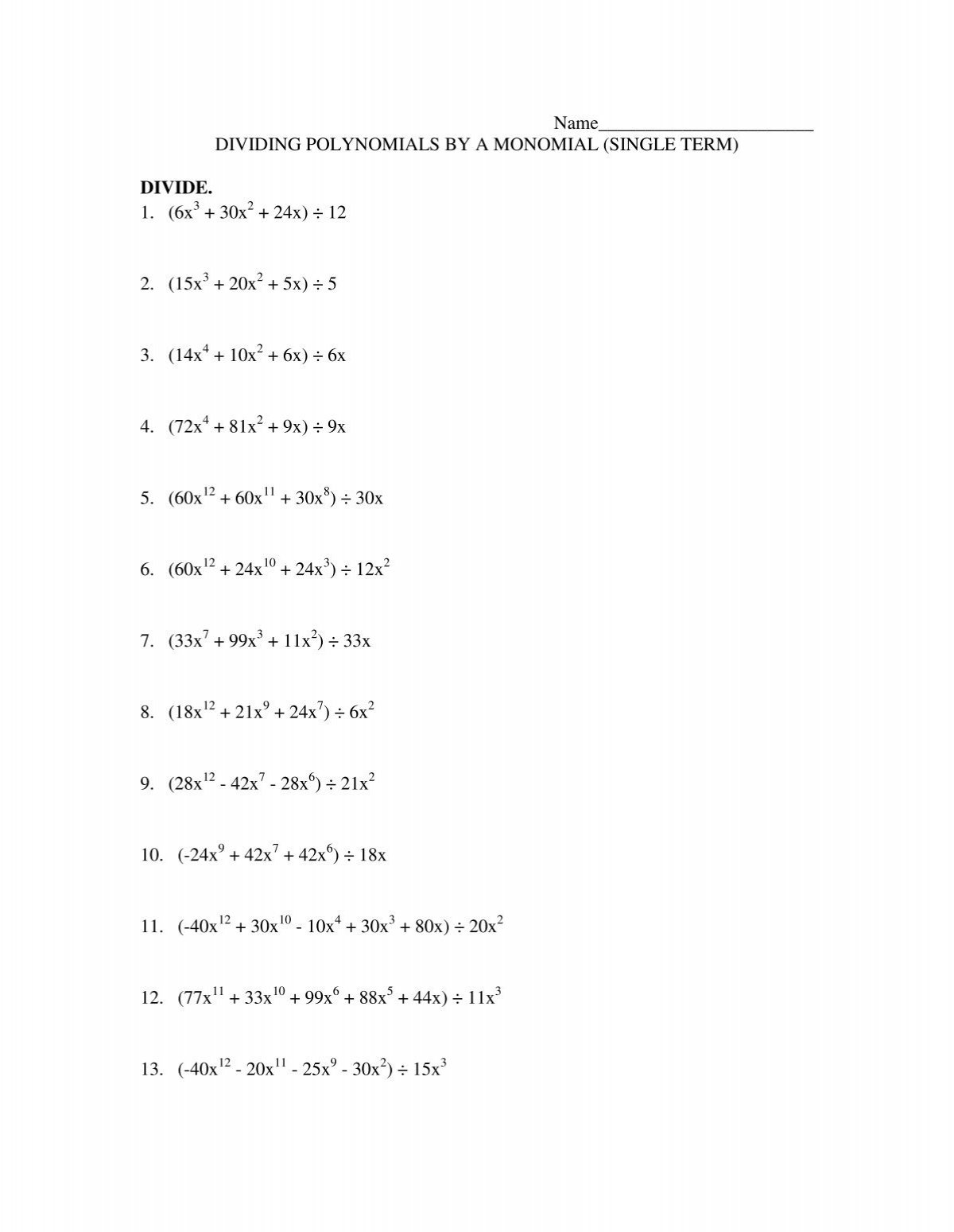 Dividing By Monomials Worksheet