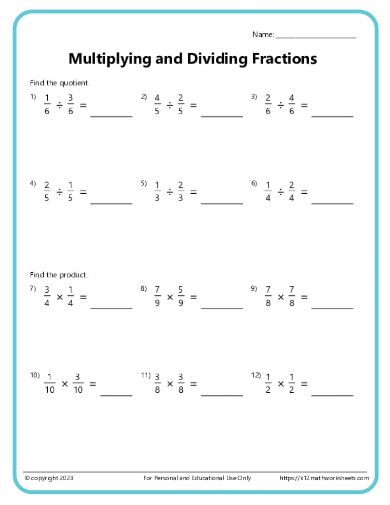 Dividing Fractions Worksheets