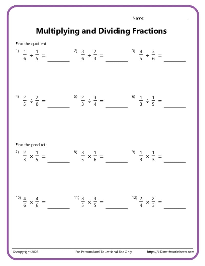Dividing Fractions Worksheets