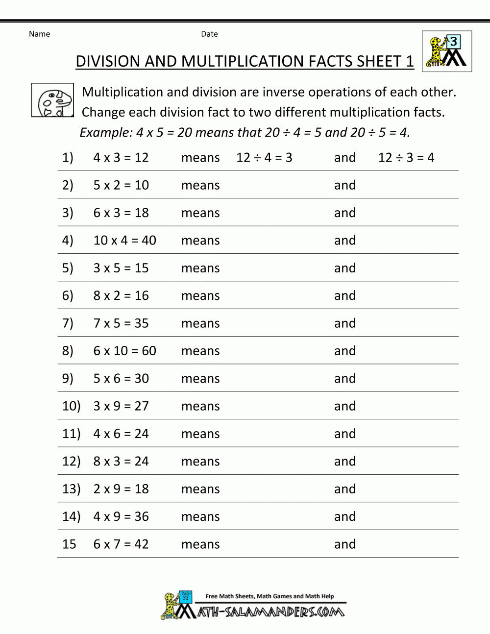 Division Facts Worksheets Division Facts Worksheets