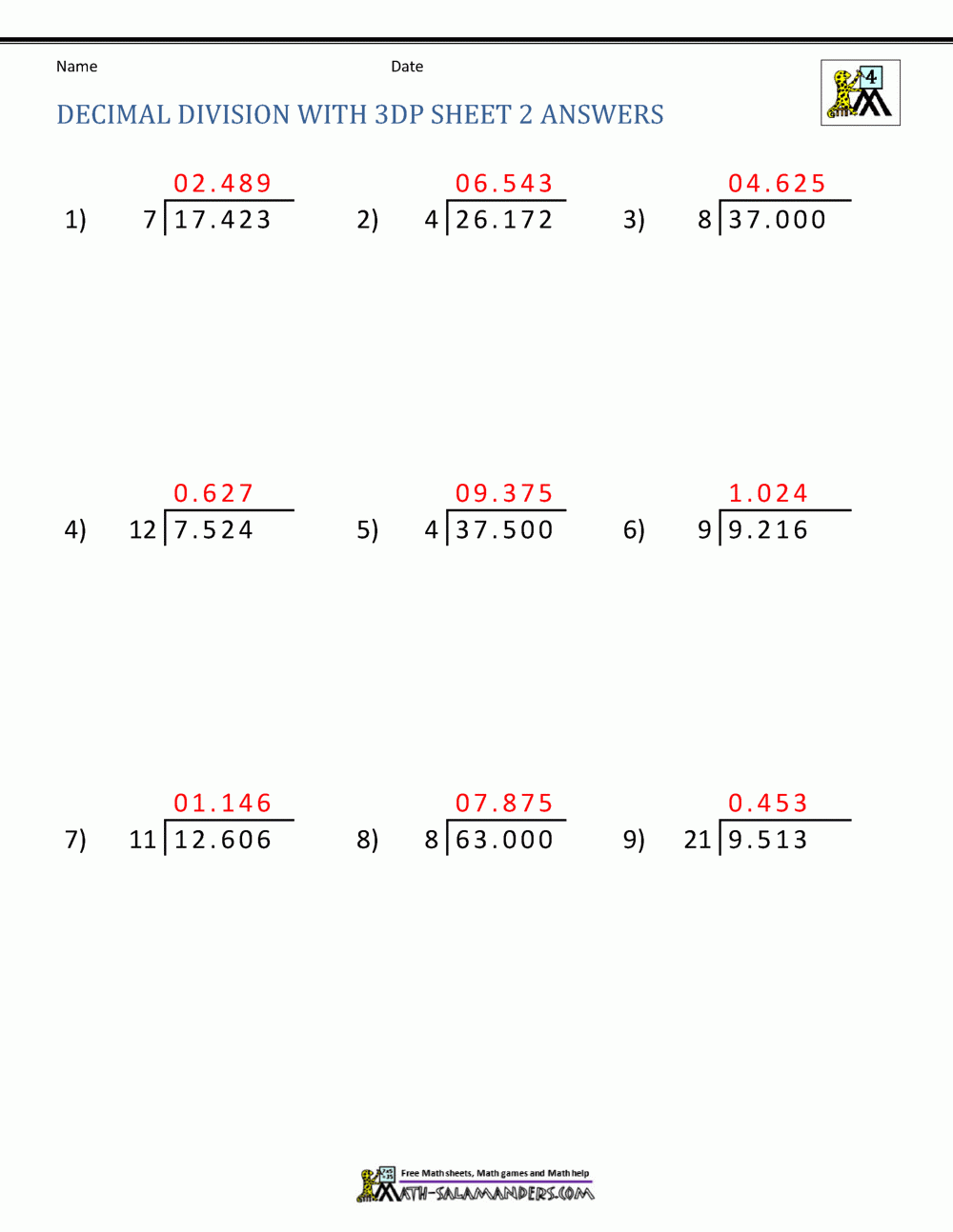 decimal division worksheet