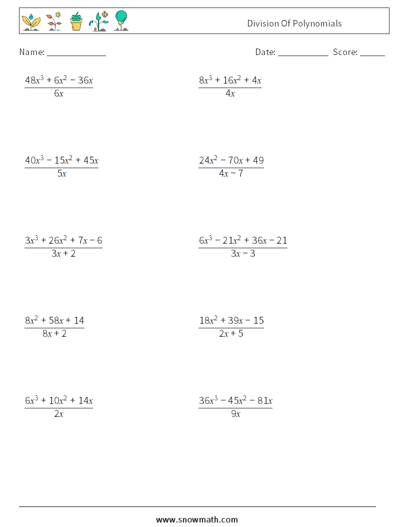 Division Of Polynomials Math Worksheets Math Practice For Kids 