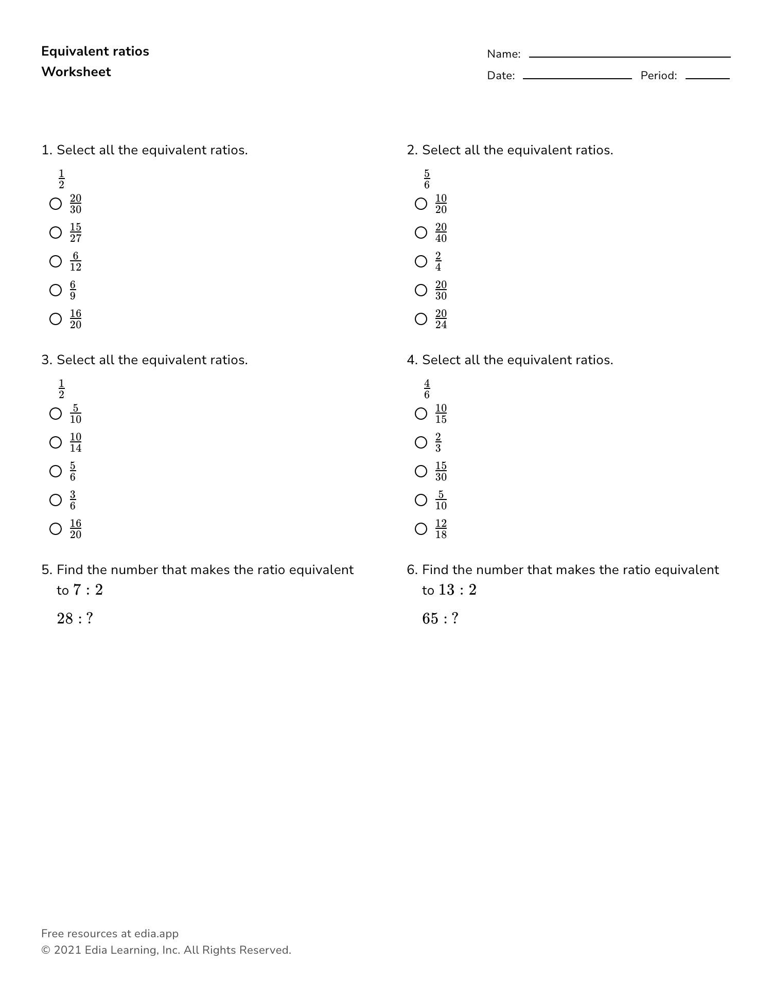 equivalent ratios worksheet