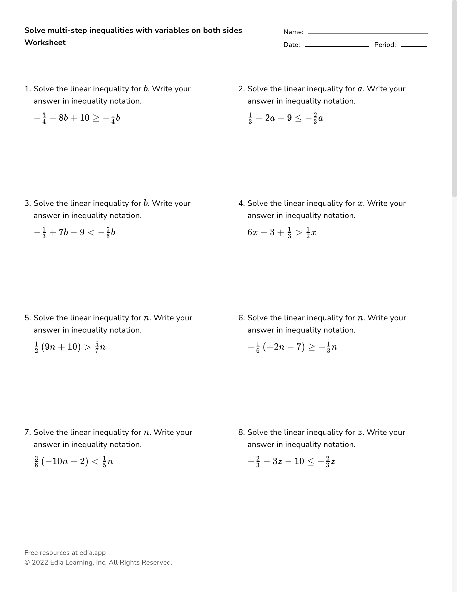 solving inequalities worksheet