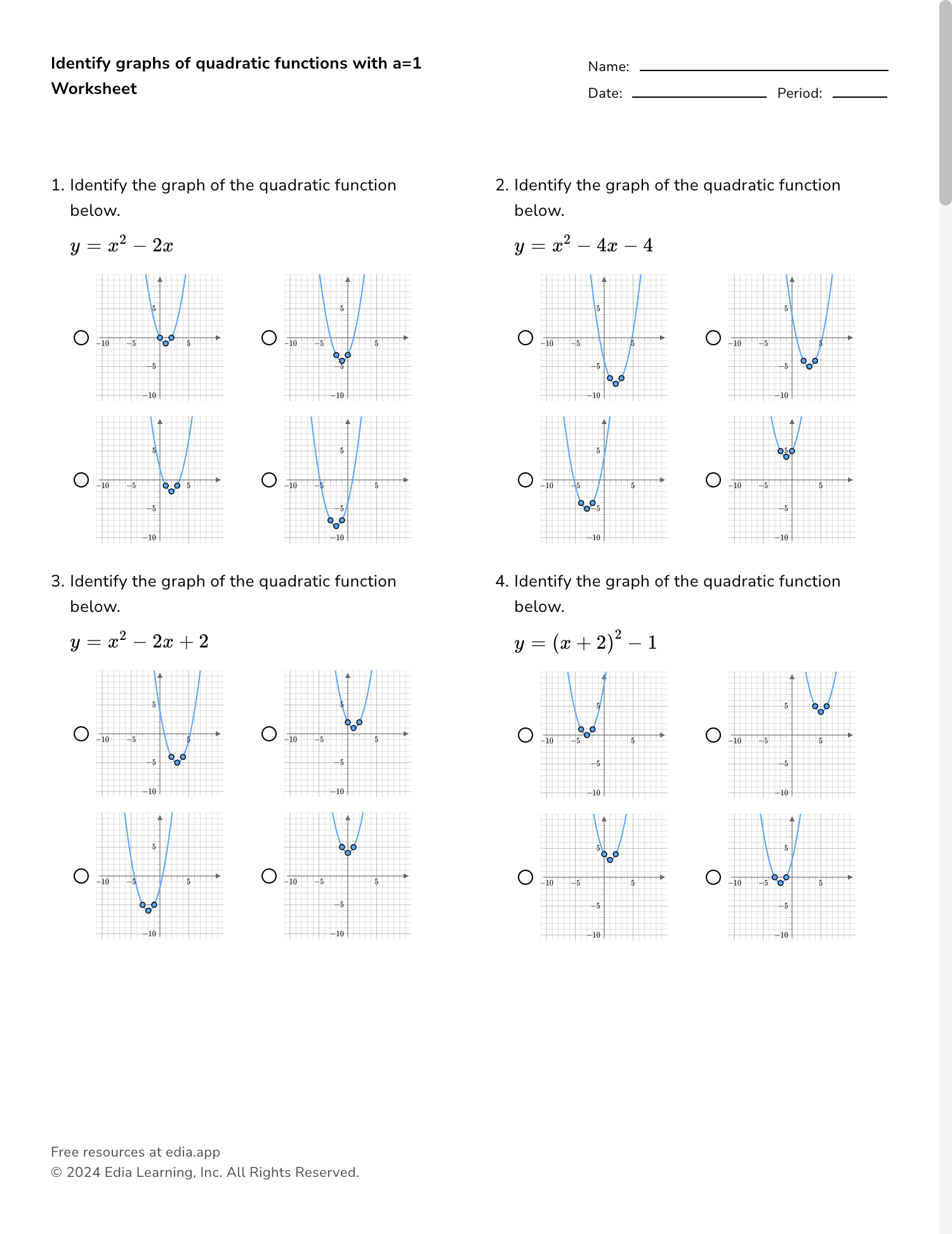 graphing quadratic equations worksheet