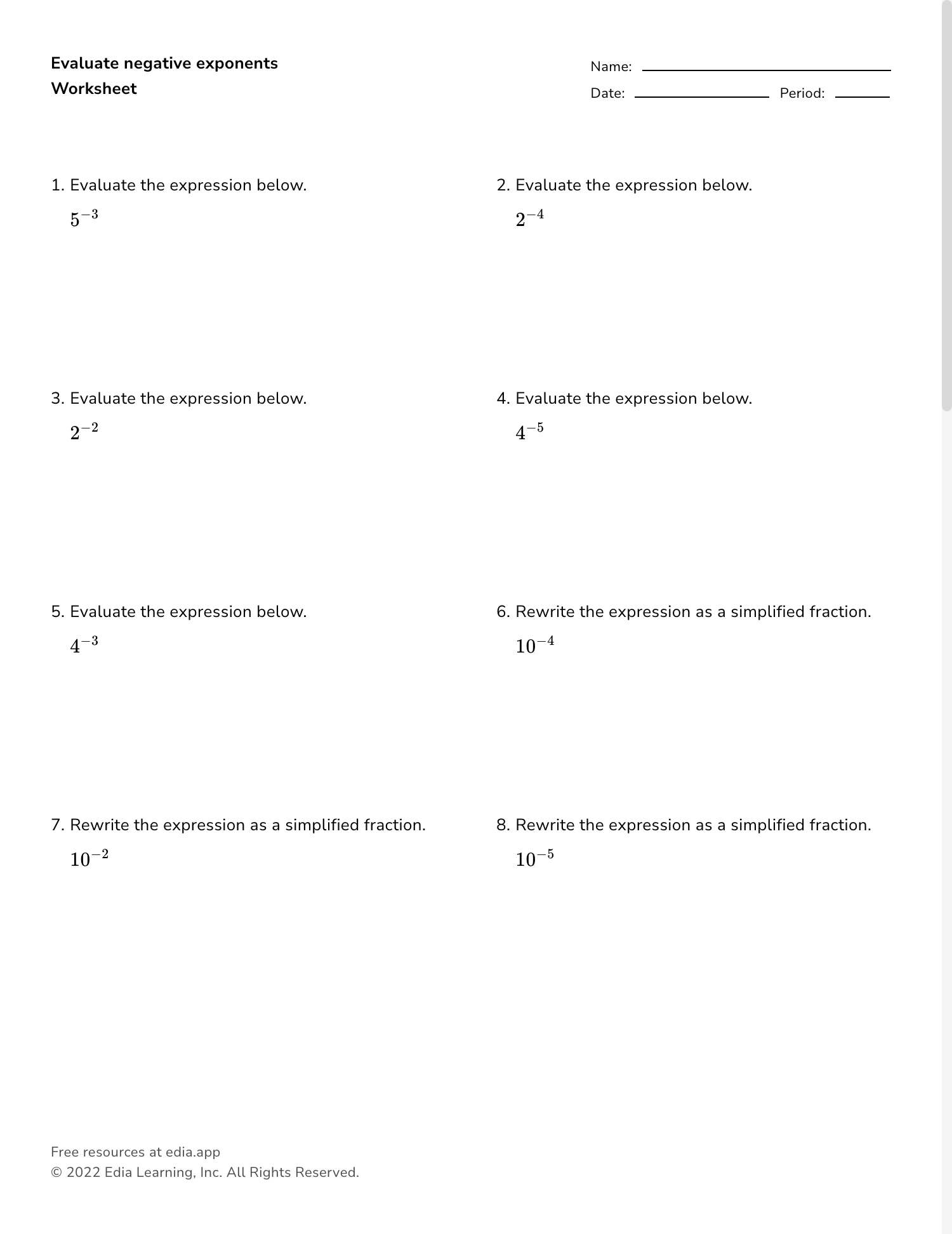 negative exponents worksheet
