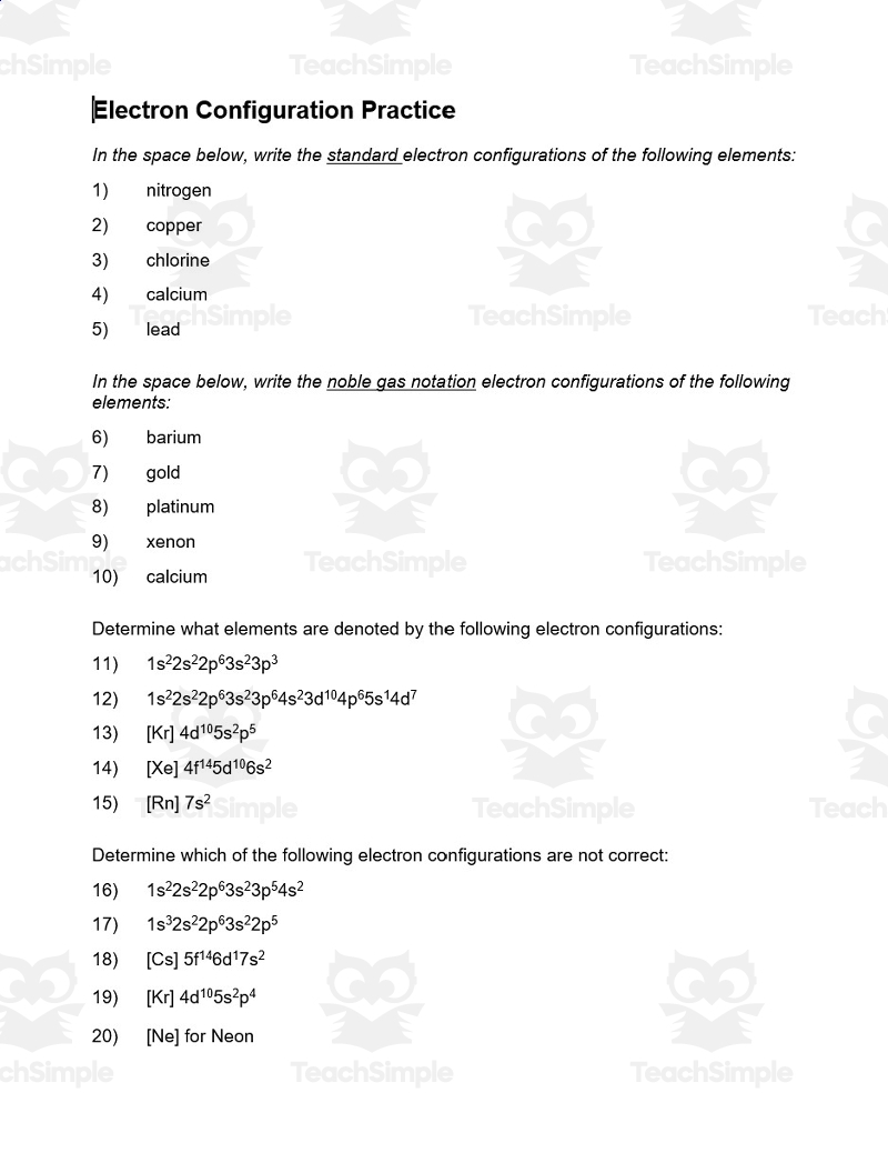electron configuration worksheet