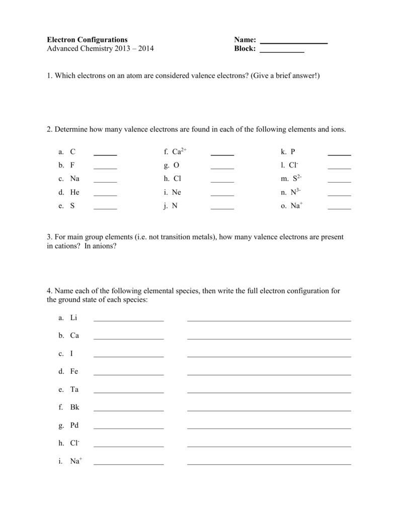 Electron Configurations Worksheet Advanced Chemistry