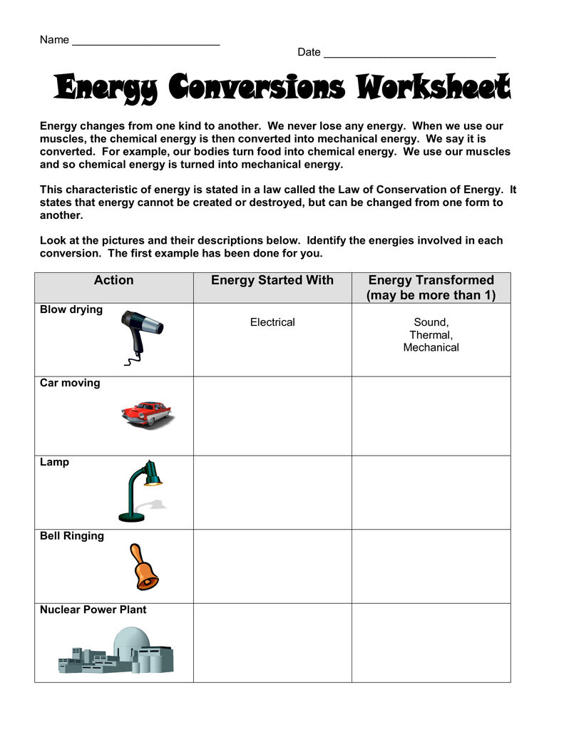 Energy Conversions Worksheet Science Activity