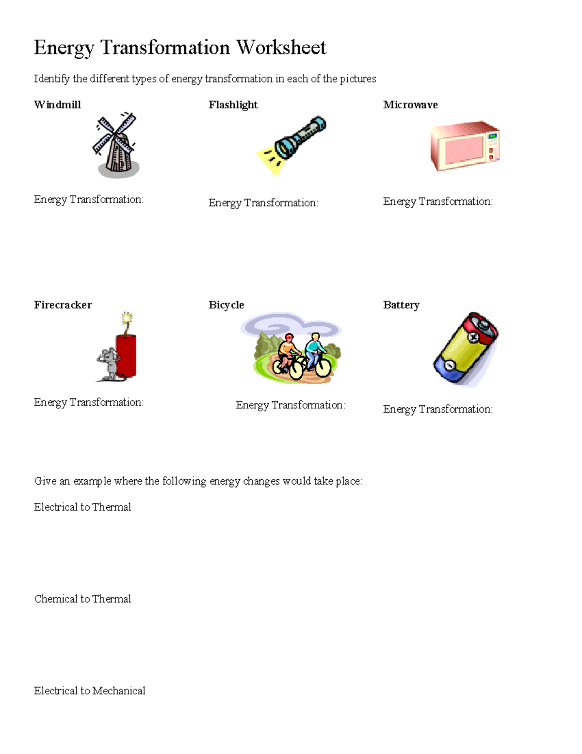 energy transformation worksheet