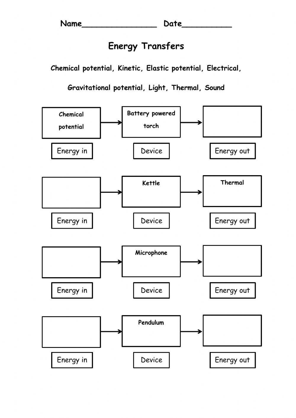 Energy Transformations Exercise Worksheets Library